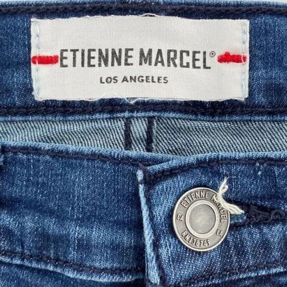 Etienne Marcel Tammy Side Stripe Skinny Double Red Ribbon High Low Raw Hem Jeans - Picture 2 of 8